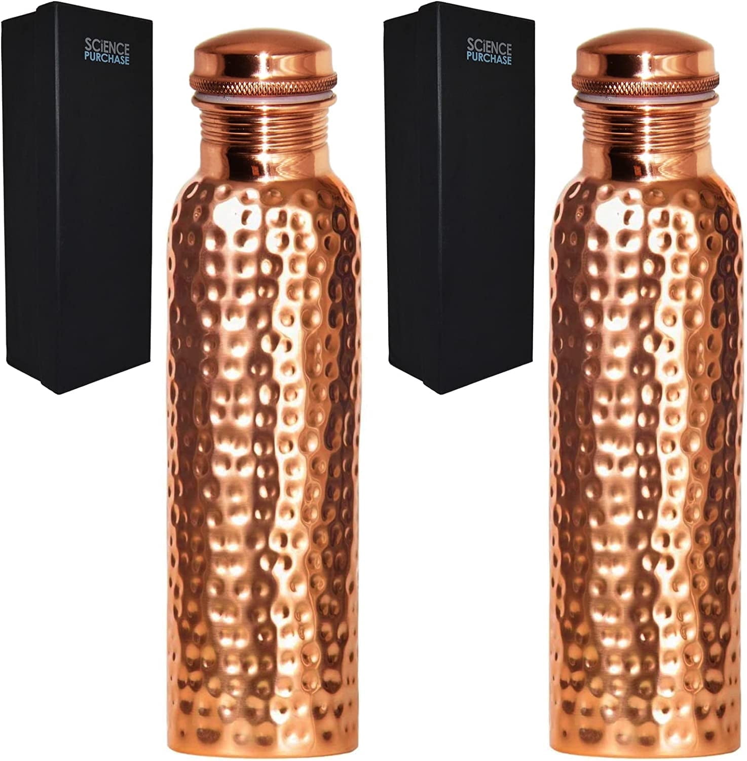 2 Pack 30 Ounce Pure Copper Drinking Vessel in Elegant Gift Box, Hammered Water Bottle with Screw-On Cap, Ayurvedic Benefits