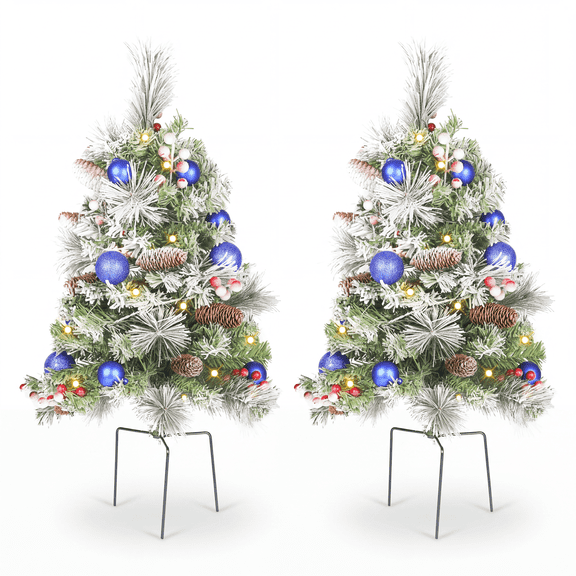 2 Pack 30 inch Prelit Outdoor Pathway Christmas Tree with LED Lights, Battery Operated Snow Flocked Christmas Tree with Pine Needles Cones Balls & Berries, Frosted Urn Filler for Porch Yard Decor