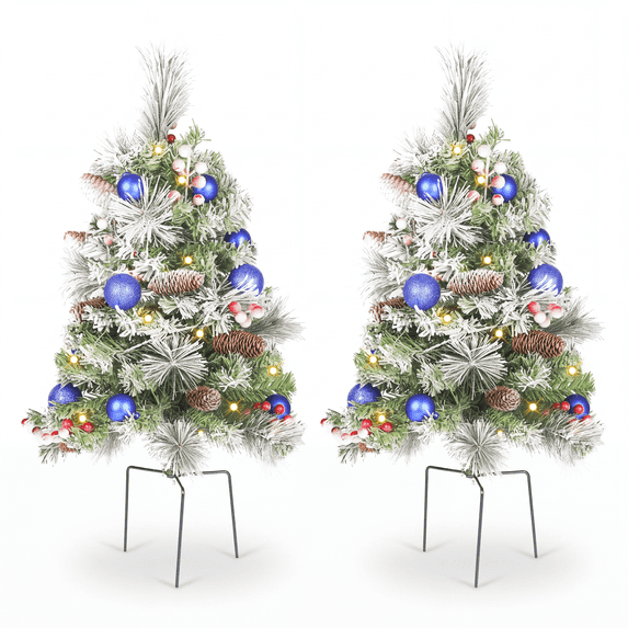 2 Pack 30 inch Prelit Outdoor Pathway Christmas Tree with LED Lights, Battery Operated Snow Flocked Christmas Tree with Pine Needles Cones Balls & Berries, Frosted Urn Filler for Porch Yard Decor