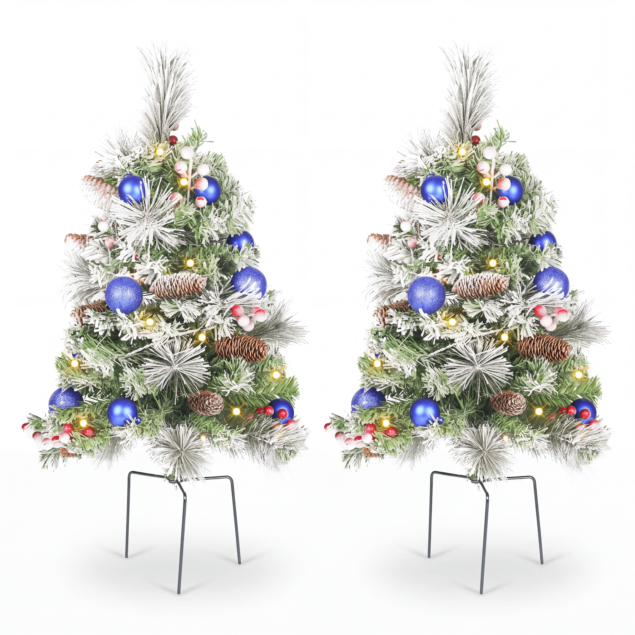 2 Pack 30 inch Prelit Outdoor Pathway Christmas Tree with LED Lights, Battery Operated Snow Flocked Christmas Tree with Pine Needles Cones Balls & Berries, Frosted Urn Filler for Porch Yard Decor