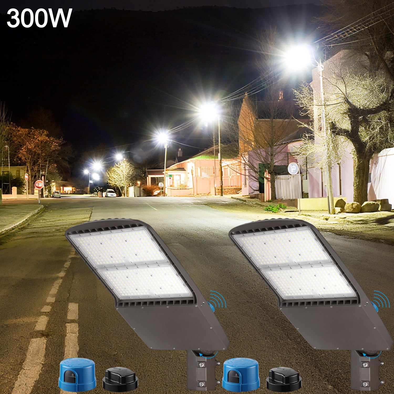 2 Pack 300W Commercial LED Parking Lot Lights, Hardwired Slipfitter Mount Dusk to Dawn Street Light, UL & DLC Listed, IP65 Waterproof, 5000K Daylight