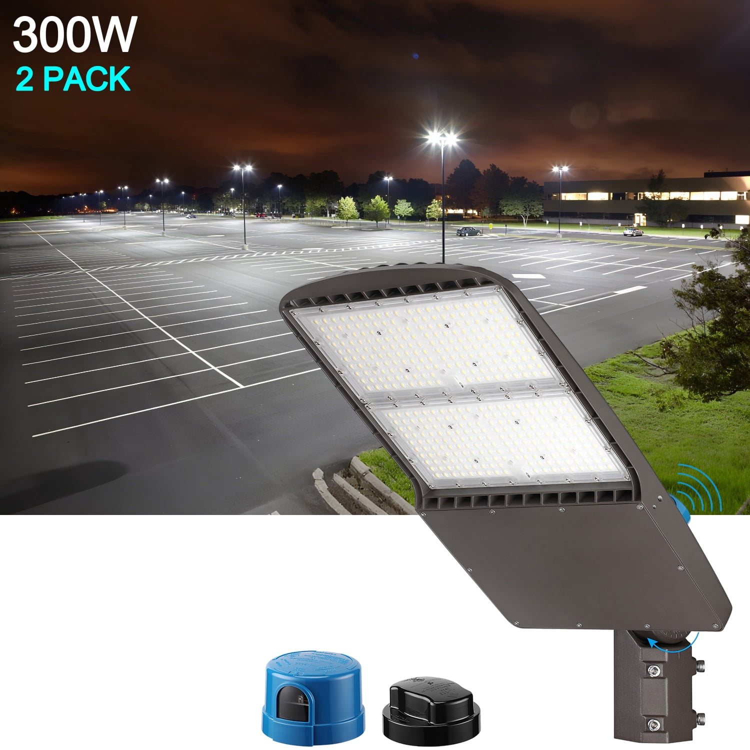 2 Pack 300W LED Parking Lot Lights with Photocell, Dusk to Dawn Commercial Grade Hardwired Pole Barn Lights, UL & DLC Listed, IP65 Waterproof, Slip Fitter Included, 5000K Daylight