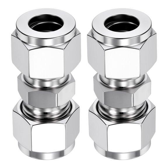 2 Pack 304 Stainless Steel Compression Tube Pipe Fitting, 1/2"ODx1/2" Compression Union Connector, Straight Coupling Adapter W/Double Ferrules and Sealing Tape for Air, Oil