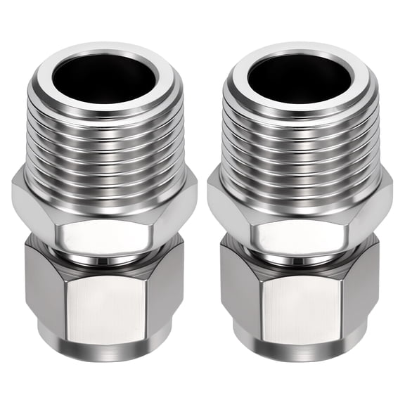 2 Pack 304 Stainless Steel Compression Tube Pipe Fitting, 3/8"ODx1/2" MNPT Compression Union Connector, Straight Coupling Adapter W/Double Ferrules for Air, Oil