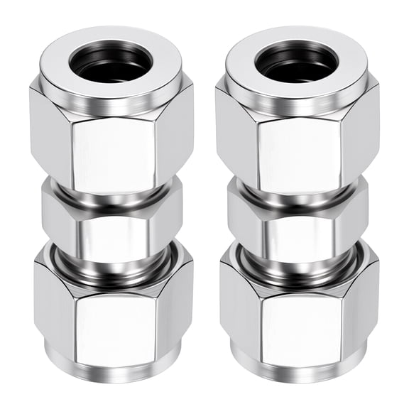 2 Pack 304 Stainless Steel Compression Tube Pipe Fitting, 3/8"ODx3/8" Compression Union Connector, Straight Coupling Adapter W/Double Ferrules for Air, Oil