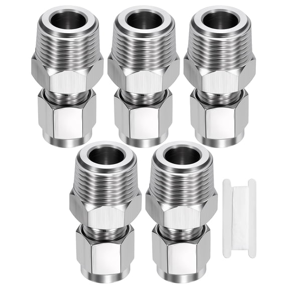 2 Pack 304 Stainless Steel Compression Tube Pipe Fitting, 5/16" OD Compression x 1/4" NPT Male Union Connector, Straight Coupling Adapter Pipe Fitting for Air, Water, Oil