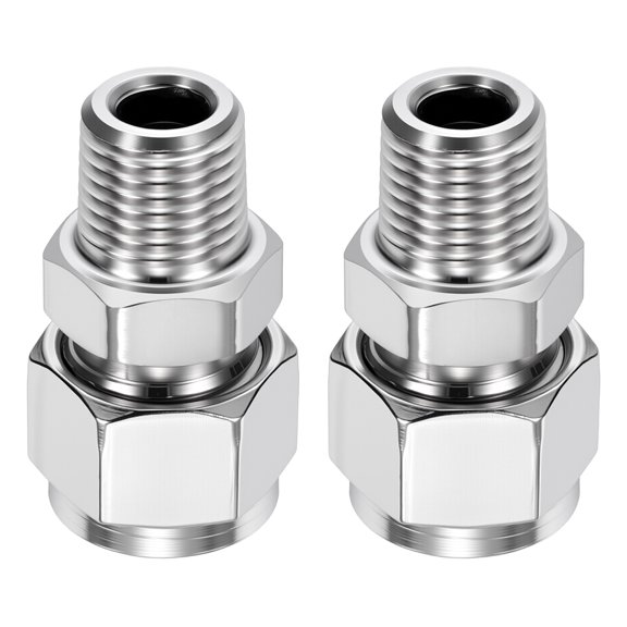2 Pack 304 Stainless Steel Compression Tube Pipe Fitting, 5/16" OD Compression x 1/4" NPT Male Union Connector, Straight Coupling Adapter Pipe Fitting for Air, Water, Oil