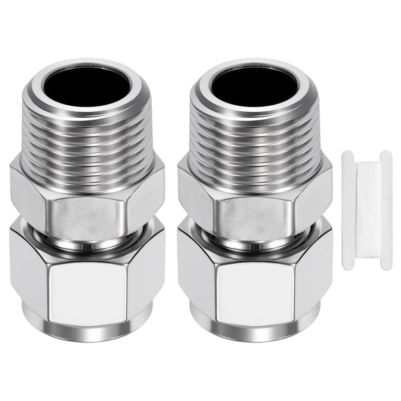 2 Pack 304 Stainless Steel Compression Tube Pipe Fitting, 5/16" OD Compression x 1/4" NPT Male Union Connector, Straight Coupling Adapter Pipe Fitting for Air, Water, Oil