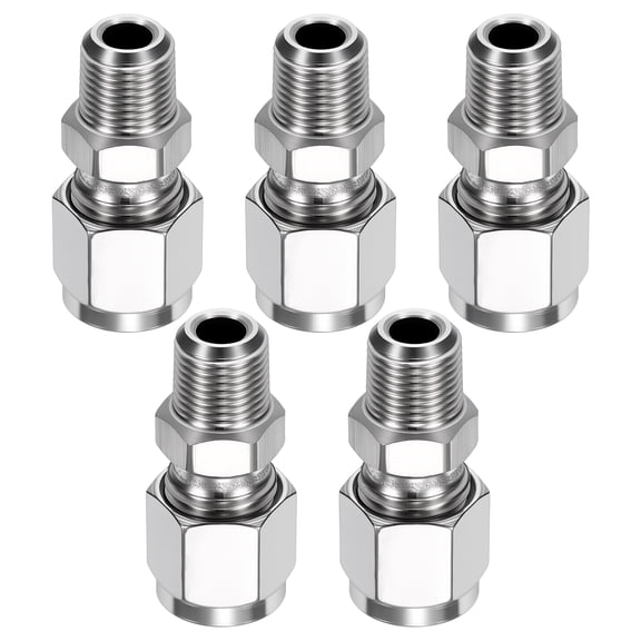 2 Pack 304 Stainless Steel Compression Tube Pipe Fitting, 5/16" OD Compression x 1/4" NPT Male Union Connector, Straight Coupling Adapter Pipe Fitting for Air, Water, Oil