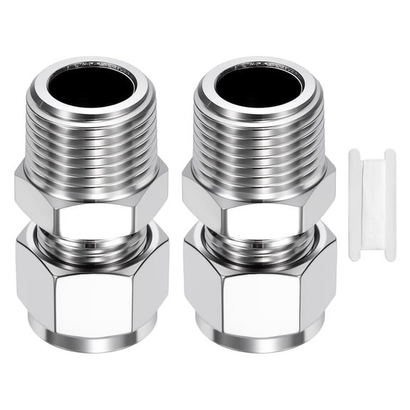 2 Pack 304 Stainless Steel Compression Tube Pipe Fitting, 5/16" OD Compression x 1/4" NPT Male Union Connector, Straight Coupling Adapter Pipe Fitting for Air, Water, Oil