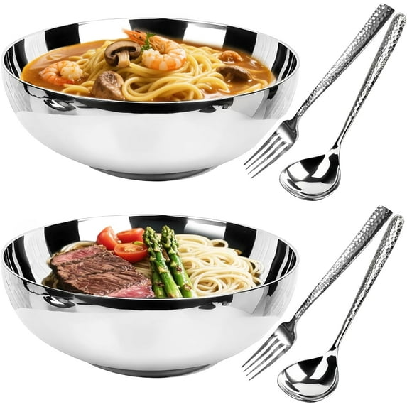 2 Pack 304 Stainless Steel Pasta Bowls, 47oz Double Walled Insulated Soup Salad Bowls Unbreakable, 8.7" Large Cereal/Ramen/Udon/Noodle/Pho Bowl Plates with 2 Spoons & Forks, Dishwasher Safe