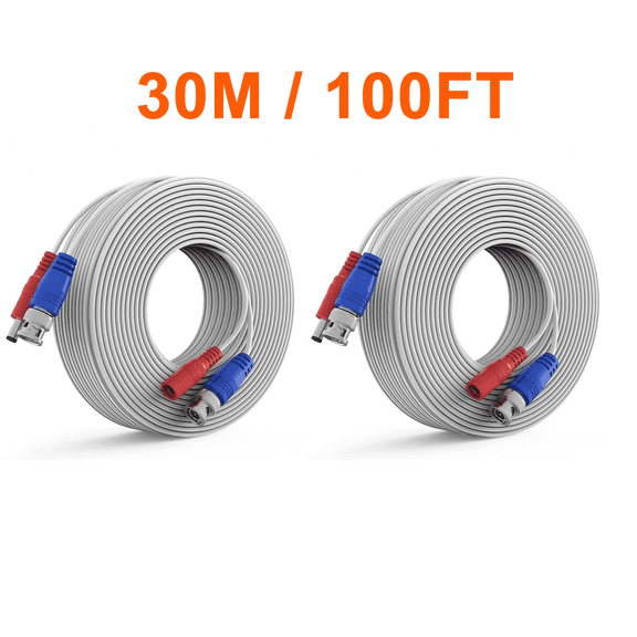 2 Pack 30 m / 100 ft All-in-One Video Power Cables, Bnc Extension Surveillance Camera Cables for Cctv Security Dvr System