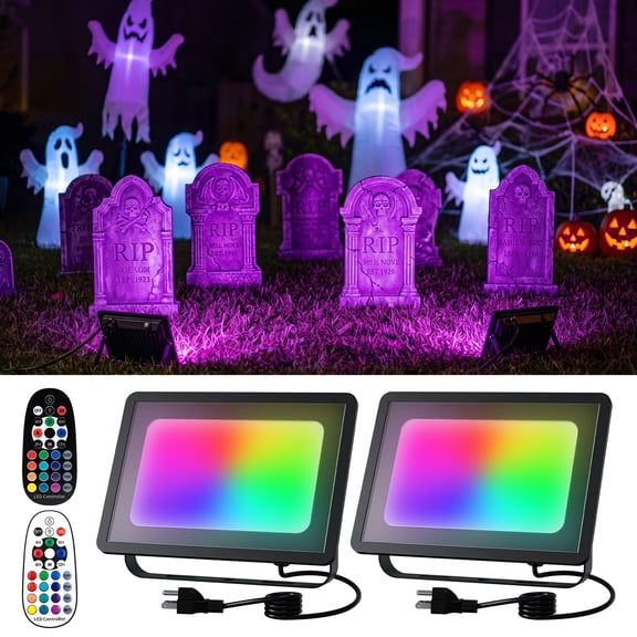 Yinghao 2 pack 30W Color Changing Flood Lights by Dual Remote to Halloween Decor, 120V RGB Flood Lamp Waterproof, Colorful Lighting for Skeleton, Tree