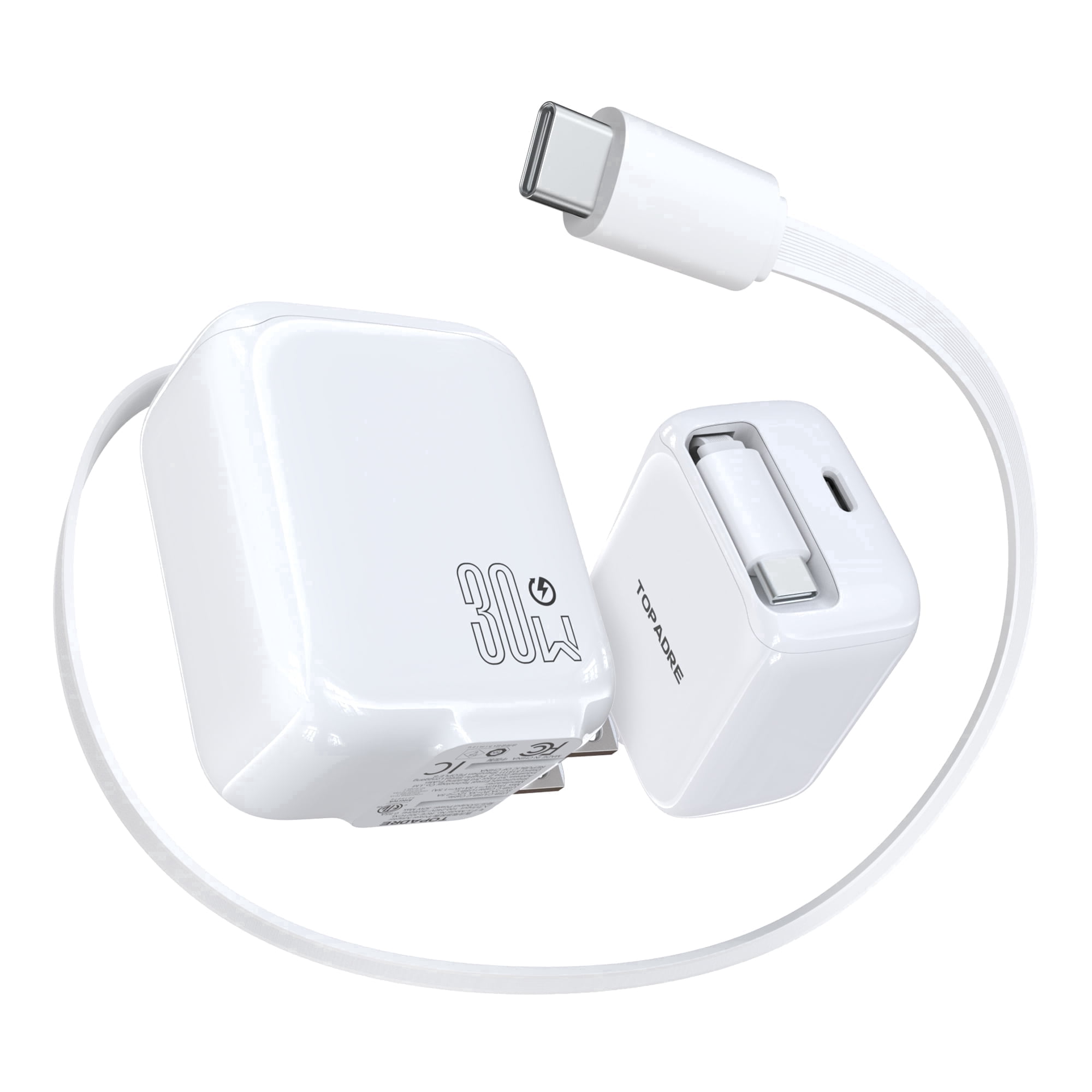 Topadre 2-Pack 30W Retractable Cable USB-C Charger, Foldable plug, for iPhone 17/16/15/Pro/Pro Max, Samsung Galaxy, iPad Series - White