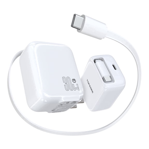 Topadre 2-Pack 30W Retractable Cable USB-C Charger, Foldable plug, for iPhone 17/16/15/Pro/Pro Max, Samsung Galaxy, iPad Series - White