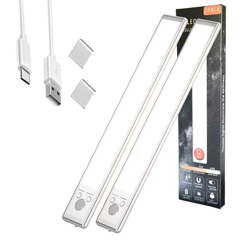 2-Pack 30cm Under Cabinet Lighting, Motion Sensor Lights with Type-C Charging, 2200mAh Rechargeable Battery, Magnetic Mount, 3-Color Dimmable LED Closet Light for Kitchen Wardrobe Stairs