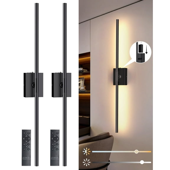 2 Pack 31.5 Inch Wall Sconce Removable Battery Operated with Remote Control 360°Rotate Touch Control 4 Color Dimmable No Wiring LED Wall Lights for Living Room Hallway Bedroom