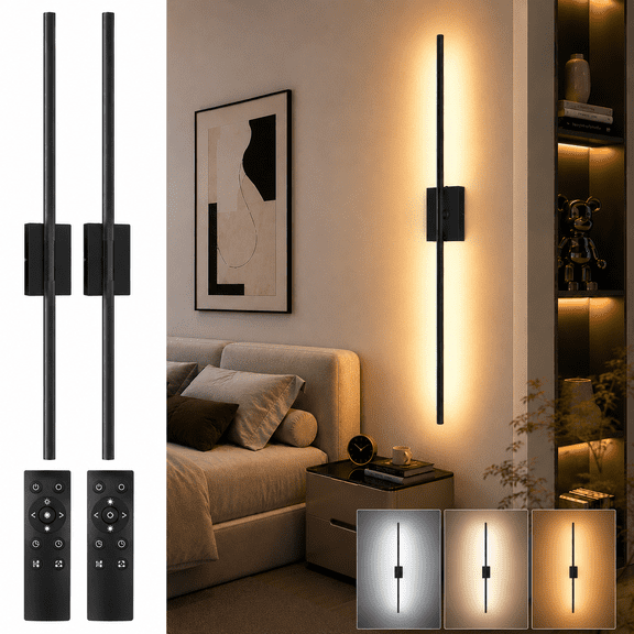 2 Pack 31.5 Inch Wall Sconce Removable Battery Operated with Remote Control 360°Rotate Touch Control 4 Color Dimmable No Wiring LED Wall Lights for Living Room Hallway Bedroom