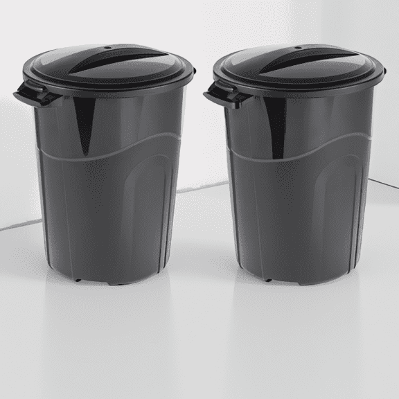 2-Pack 32 Gallon Heavy-Duty Injection-Molded Trash Cans with Click-Lock Lids and Pass-Through Handles