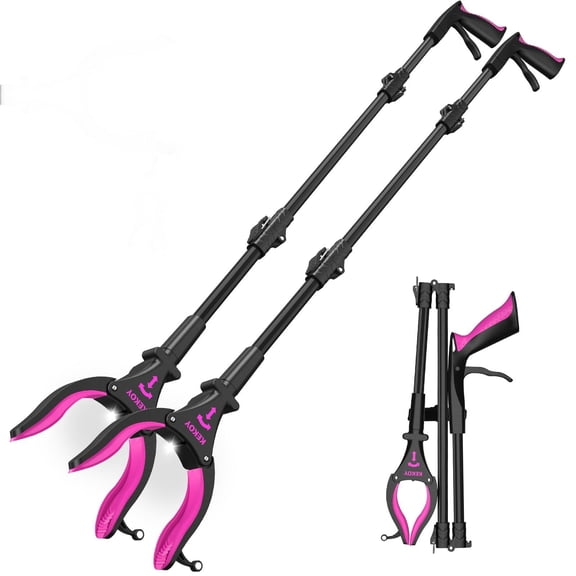 KEKOY 2-Pack 32" Grabber Reaching Tool with Light, Extended Claw, Foldable Design, and Magnetic Gripper - Ideal for Elderly, Trash Picking, and Easy Reaching (Black Rose)