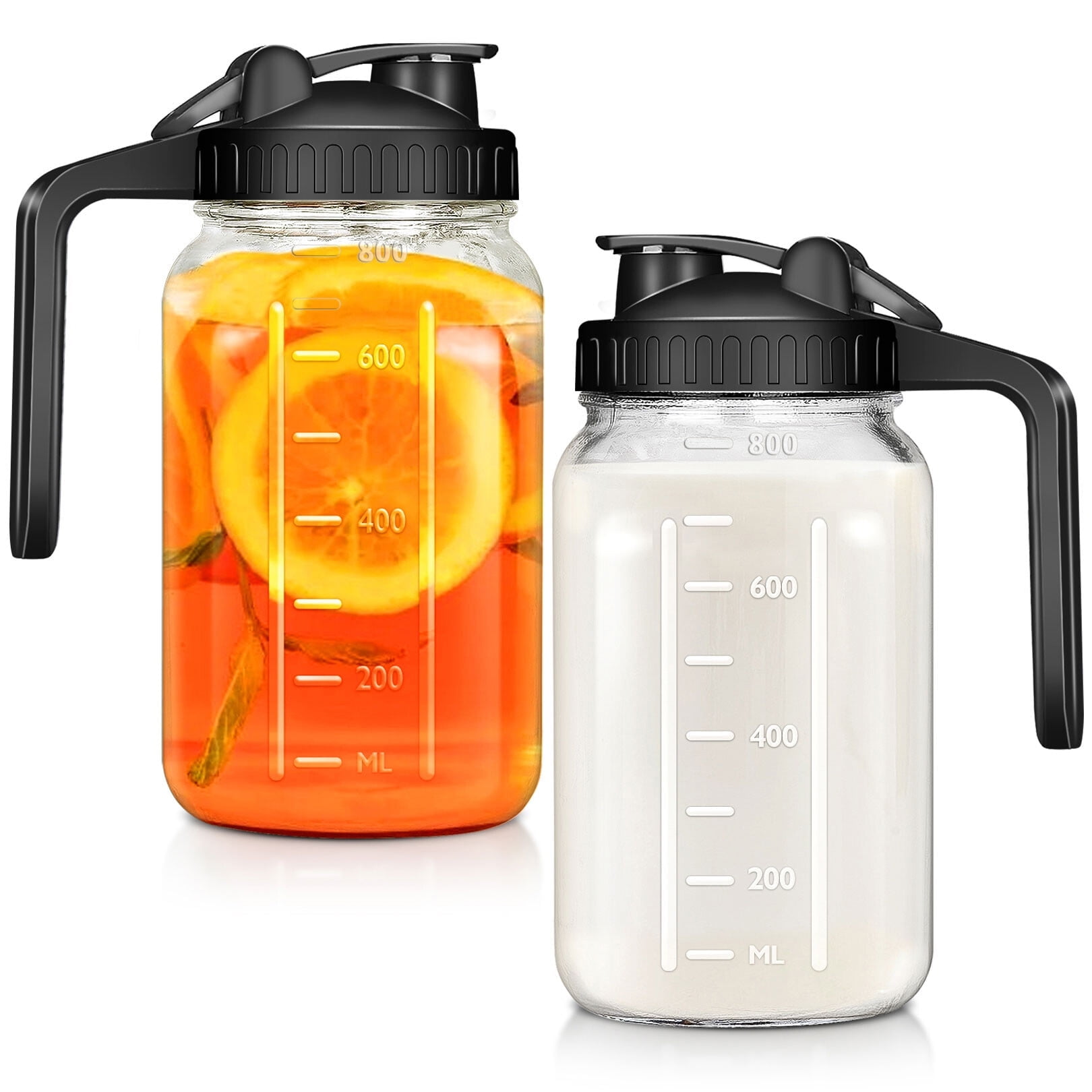 2 Pack 32 OZ Glass Pitcher with lid, 2 Quart Marson Jars with Spout and Handle, Double Leak Proof Jug Sun Tea Pitcher Wide Mouth Creamer Container for Fridge,Beverage, Breast Milk, Ice, Coffee(Black)