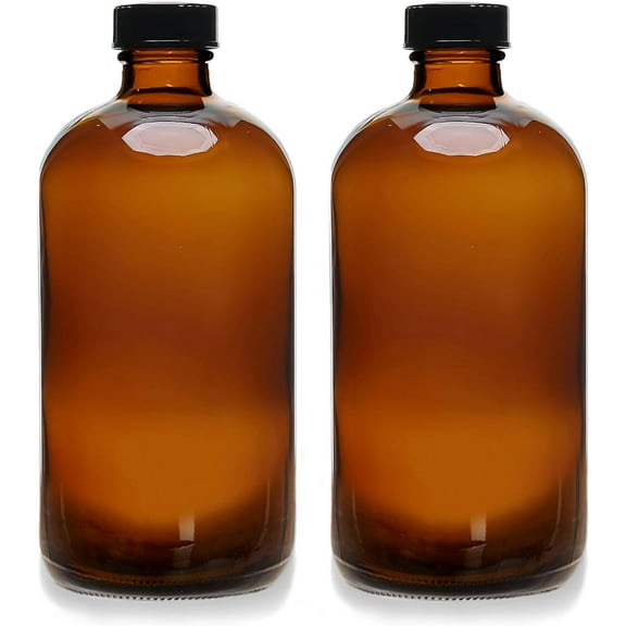 (2 Pack) - 32 oz Amber Glass Boston Round Bottles with Black 33-400 Airtight Phenolic Polycone Caps