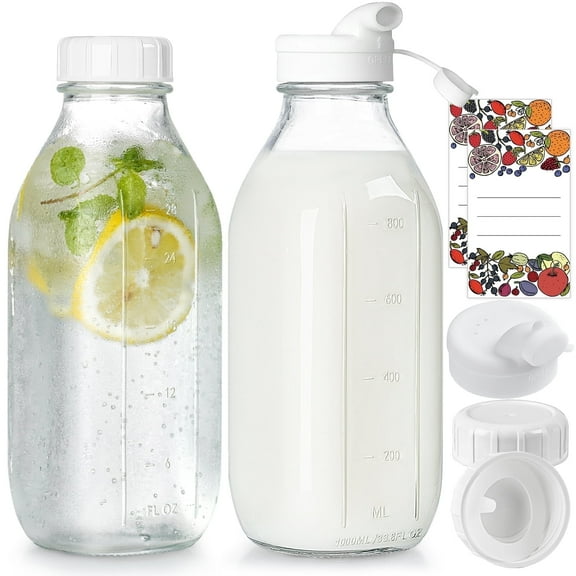 Syntic 2 Pack Glass Milk Bottle with 2 Dispenser Caps, Airtight Heavy Duty Screw Lid. 32 Oz Reusable Glass Water Jug with 3 Lids Breast Milk Pitcher, Buttermilk, Nut, Juice, Syrup, Coffee Creamer