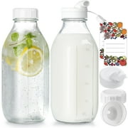 2 Pack 32 oz Syntic Glass Milk Bottle Containers with Pour Spout, Juice Bottles for Kitchen, Food Grade Milk Jars for Syrup, Honey Clear
