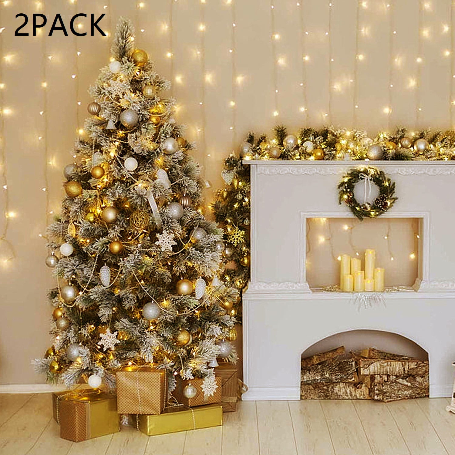 2 Pack 320 LEDs Curtain Lights, 9.8ft x 9.8ft Starry Christmas String Light, Indoor Decoration for Festival, Wedding, Party, Living Room, Bedroom, Dorm, Warm White