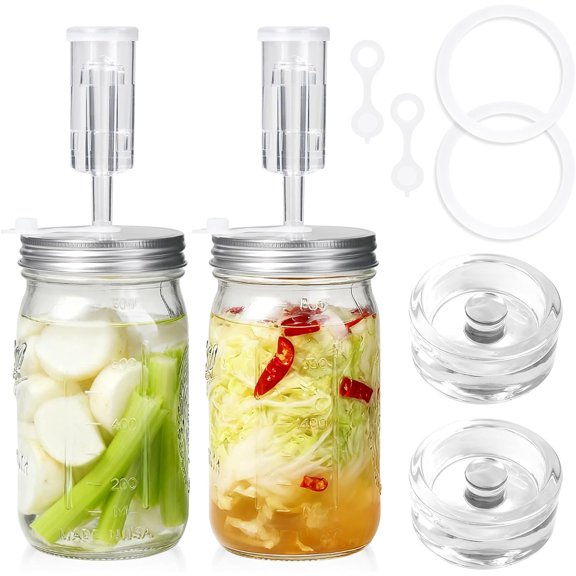 2 Pack 32oz Wide Mouth Fermentation Jar Kit | 2 Mason Jar Lids,2 Glass Fermentation Weights,2 Airlock,Ideal for Sauerkraut, Kimchi, Pickles, Canning