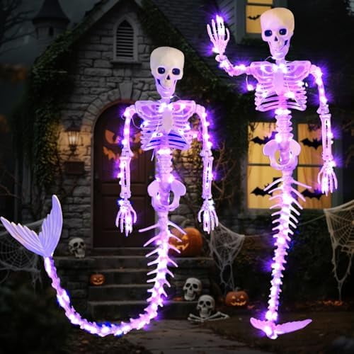 2 Pack 33 Inches Purple LED Mermaid Halloween Skeleton Pose-N-Stay Posable Movable Jonints Hanging for Halloween Decoration Decor Spooky Scene Party Favors