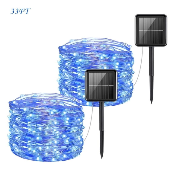 2 Pack 33 ft 100 LED Outdoor Solar String Lights, Waterproof Solar Fairy Lights for for Garden Patio Yard (Blue)