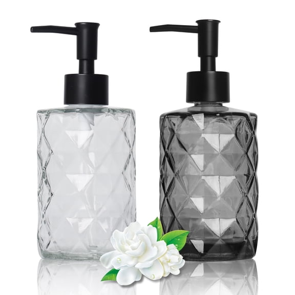 2-Pack 330ml (11oz) Diamond-Cut Glass Soap Dispensers, Clear & Black Refillable Pump Bottles, Multi-Purpose Liquid Containers for Bathroom, Kitchen, Laundry Room (BPA-Free)