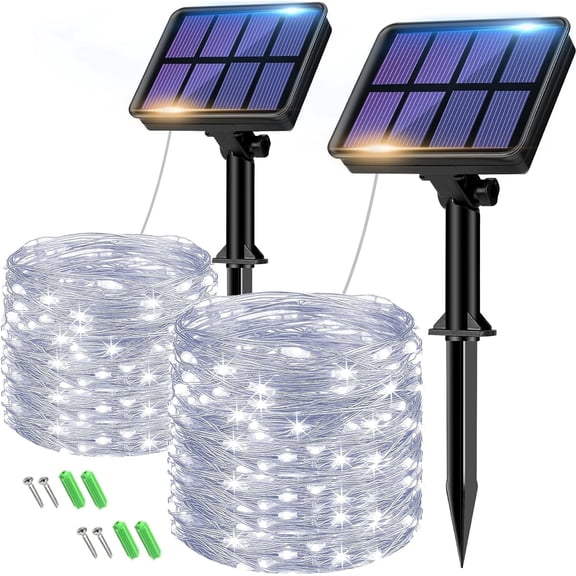 2 Pack 33FT 80LED Waterproof Copper Wire Solar String Lights Outdoor with 8 Modes for Garden Tree Christmas Wedding Party, Cool White