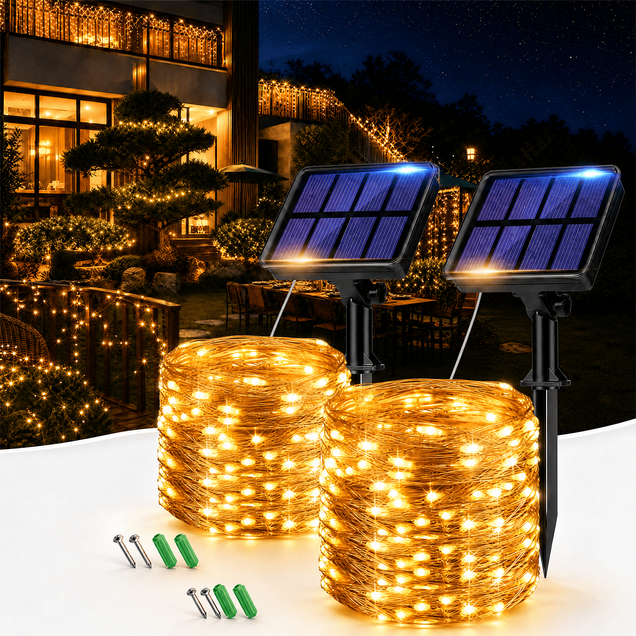 2 Pack 33FT 80LED Waterproof Mini Copper Wire Solar String Lights Outdoor with 8 Modes for Garden Tree Christmas Wedding Party, Warm White