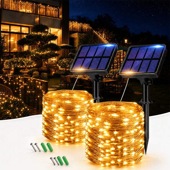 2 Pack 33FT 80LED Waterproof Mini Copper Wire Solar String Lights Outdoor with 8 Modes for Garden Tree Christmas Wedding Party, Warm White