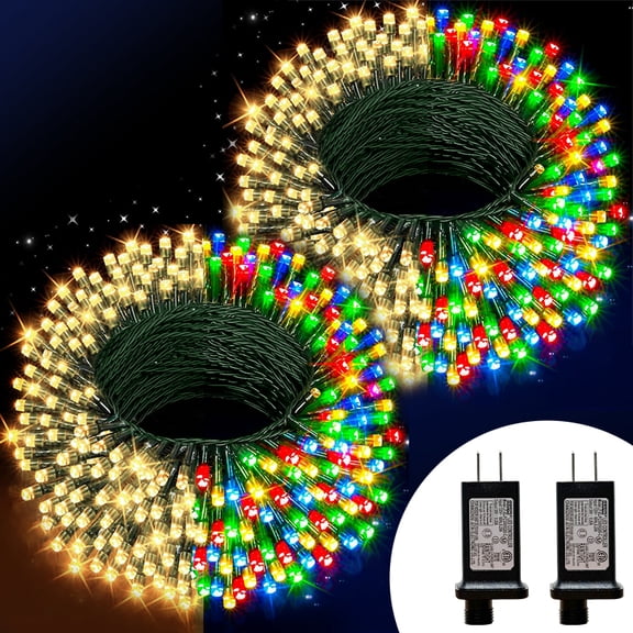 2 Pack 33ft Christmas Decorative Mini Lights, 100 LED Green Wire Fairy Starry String Lights Plug in, 11 Lighting Modes, for Xmas Tree Wedding Party Decoration (Yellow & Multicolor)
