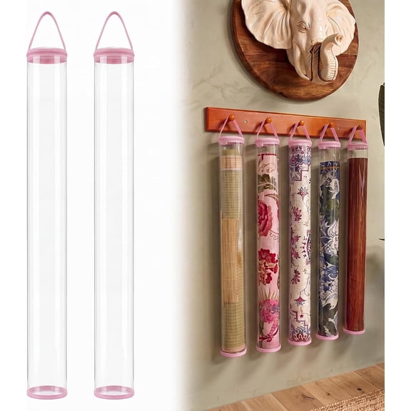 2 Pack 34.6 Inch Mahjong Mat Tube Clear Hanging Bag (Light Pink) | Mahjong Mat Waterproof Plastic Mat Holder Organizer for Rolled Board Game Mats Yoga, Mats Notincluded