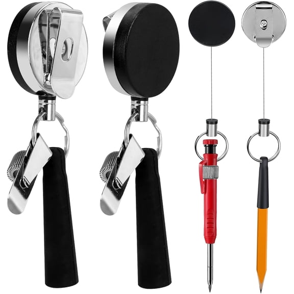 2 Pack 35" Steel Wire Heavy Duty Retractable Pull Pen Pencil Holder, Flexible Silicone Pen Holder and Metal Pen Clip Ideal for Carpenters, Nurses, Construction Workers,Waitstaff