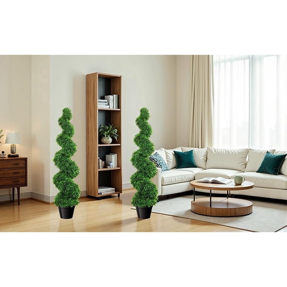2 Pack 35.4 Inch Artificial Boxwood Spiral Tree, Faux Evergreen Topiary Plant with Pot, PE Leaves & Rustproof Frame, No Maintenance Fake Greenery for Home Office Decor