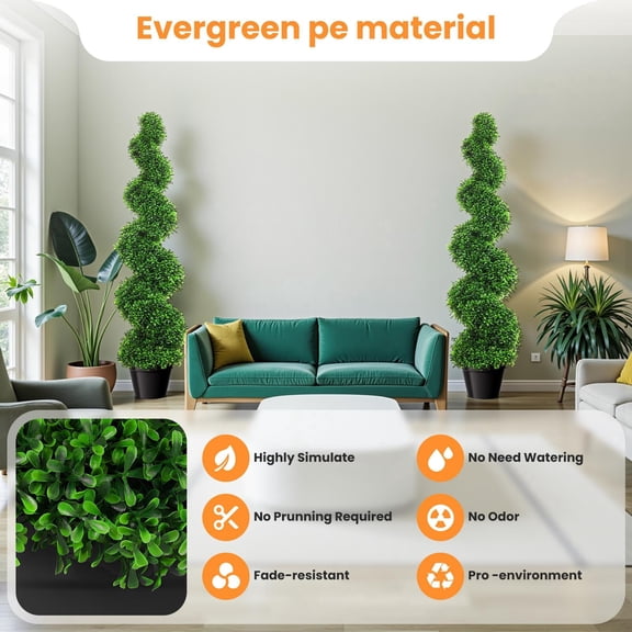 2 Pack 35.4 Inch Artificial Boxwood Spiral Tree, Faux Evergreen Topiary with Pot, Rustproof Frame & Fade Resistant PE Leaves, No Maintenance Fake Greenery for Indoor Decor