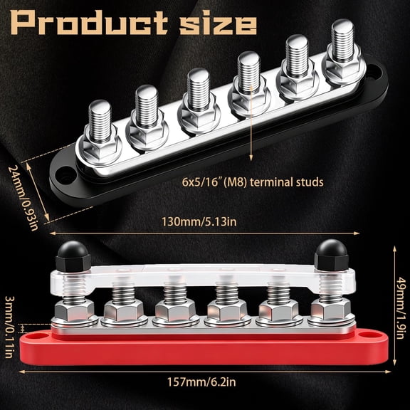 2 Pack 350A Bus Bar Distribution with Cover, 6 x 3/8 Inch Bus Bar, 12V-48V Automotive Busbar for Car Boat Wiring, and Black