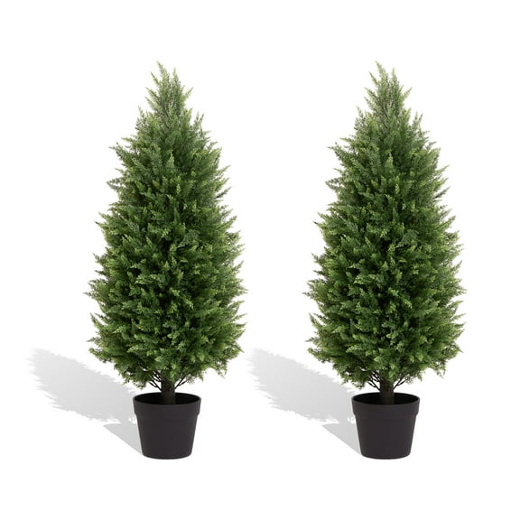 2 Pack 36 Inch Artificial Cedar Topiary Trees, UV Protection Potted Shrubs for Front Door