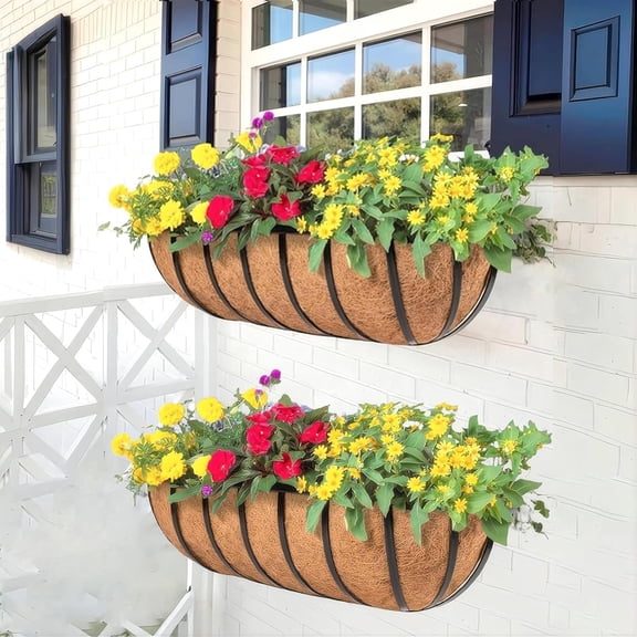 2 Pack 36" Railing Planter Window Box with Coco Fiber Liner Trough Planter The Railing Planter Boxes for Deck Porch Fence Outdoor