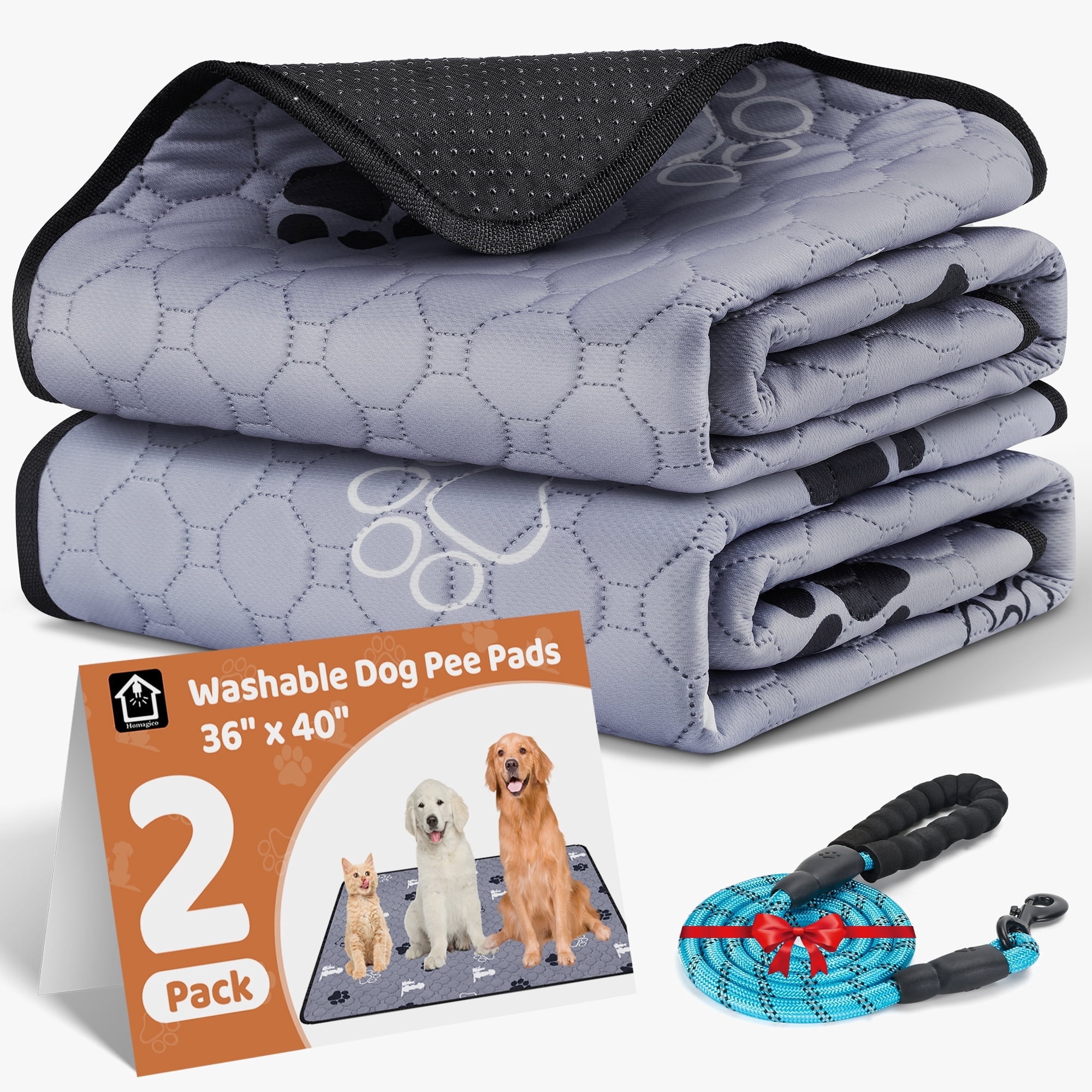 2 Pack 36" x 40" Washable Pee Pads for Dogs, Absorbent Reusable Puppy Pads, Non-Slip Pet Training Pads,Super Absorbent Pads for Playpen, Potty, Crate, Bed (with 60''L Dog Leash)