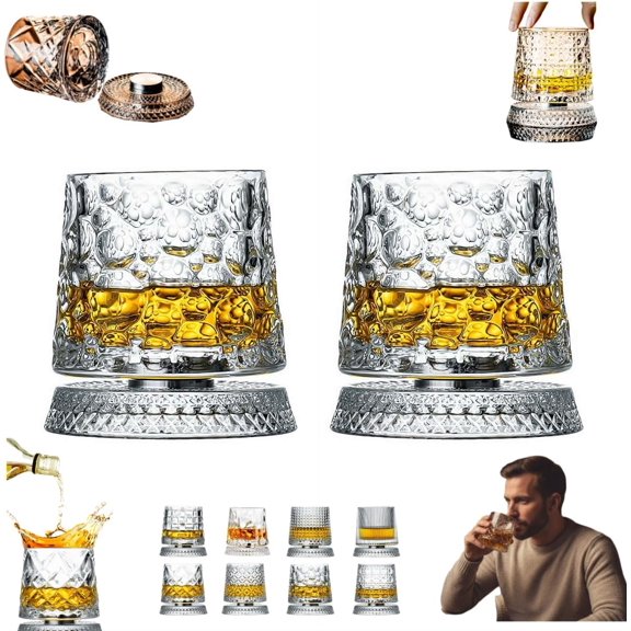 2 Pack 360 Degree Rotating Crystal Whiskey Tumbler Spinning Cocktail Glass with Stable Base Unique Bar Gift for Men