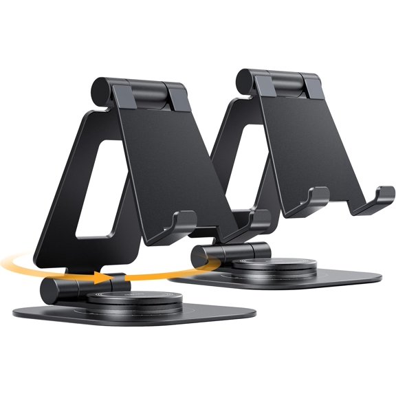 2-Pack 360 Rotating Phone Stand, Fully Adjustable Foldable Phone Holder, Aluminum Desktop Cradle with Anti-Slip Base, Office Accessories Dock for All Phones with Thick Case, Black