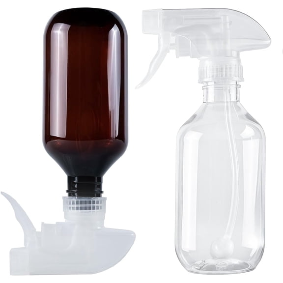 2 Pack 360° Spray Bottles, 10 oz Plastic Small Containers with Adjustable Spray Nozzles, Spray Bottles for Hair, Cleaning Solutions, BBQ and Plants Amber&Clear