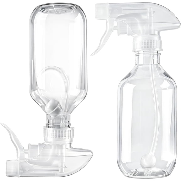 2 Pack 360 Spray Bottles, 10 oz Plastic Small Containers with Adjustable Spray Nozzles, Spray Bottles for Hair, Cleaning Solutions, BBQ and Plants Clear