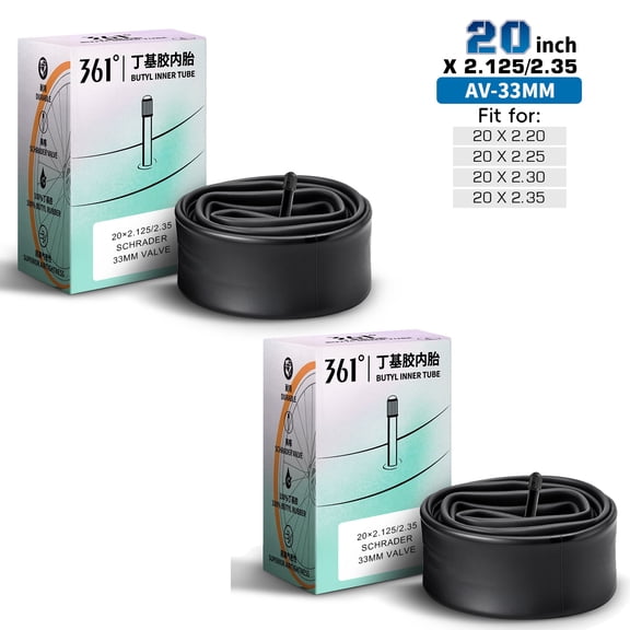 2-Pack 361° 20" Wide Bike Inner Tube 20 x 2.125/2.35 with 33mm Schrader Valve, Premium Butyl Rubber Replacement Tube for BMX Bikes, Mountain Bikes, E-Bikes, Durable